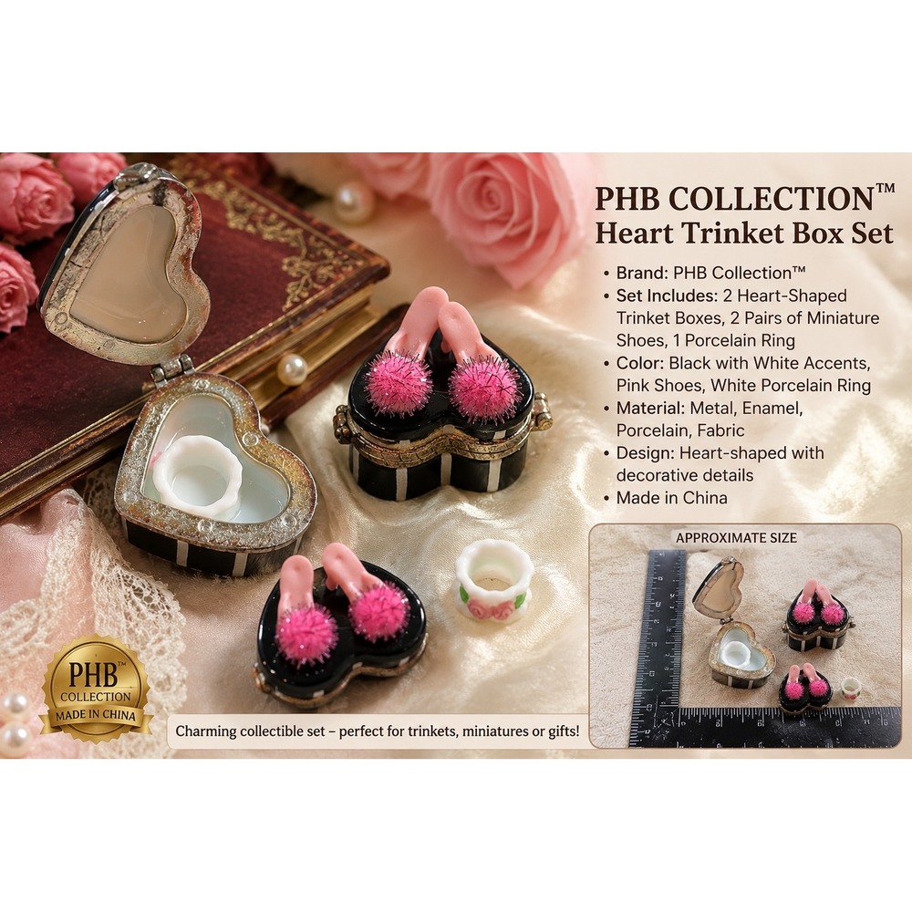 PHB Collection Porcelain Hinged Box Heart Pink Slipper Pom Pom Trinket Box Rose
